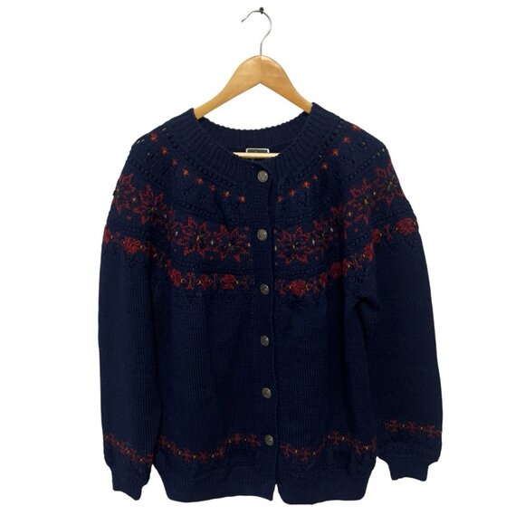 Dale Of Norway Wool Sweater Women L Blue Red Nordic Cardigan Button Down Front - Picture 1 of 8